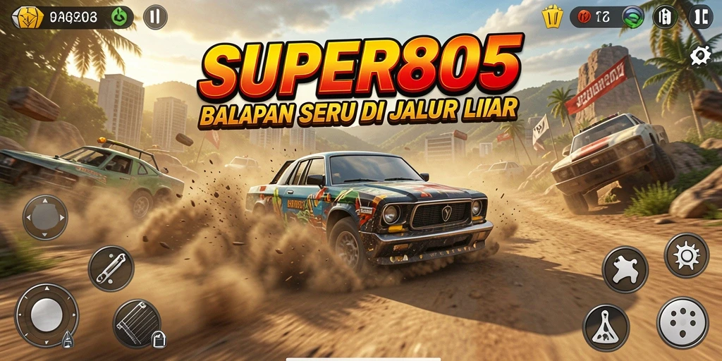 Screenshot gameplay SUPER805 menampilkan aksi balapan yang mendebarkan.